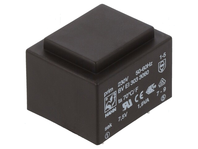 Transformator: ingegoten; 1,9VA; 230VAC; 7,5V; 253mA; PCB; BVEI Transformator: ingegoten; 1,9VA; 230VAC; 7,5V; 253mA; PCB; BVEI